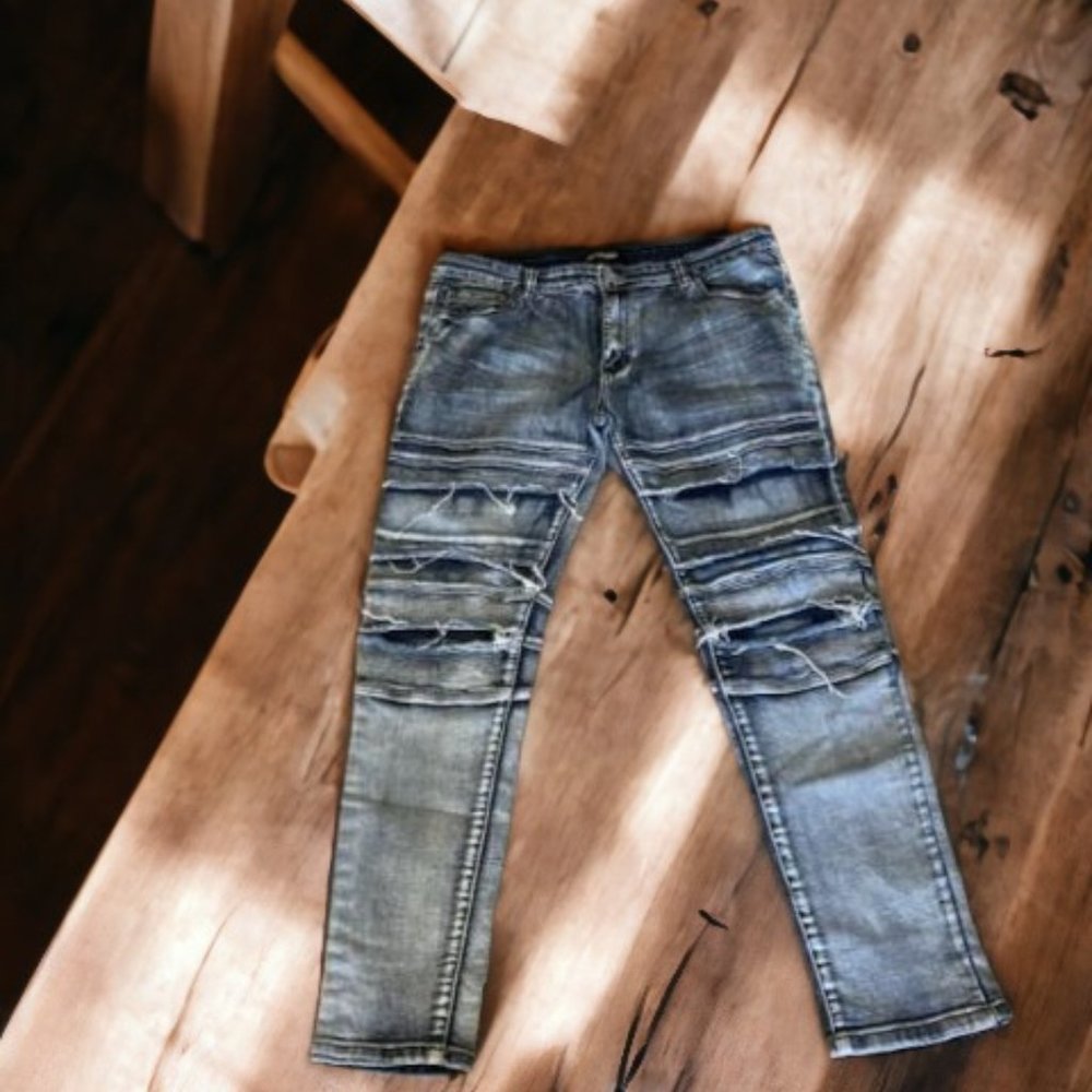 VICTORIOUS Mens (Size 36x32) Blue Jeans Denim Pants Distressed Streetwear Zipper